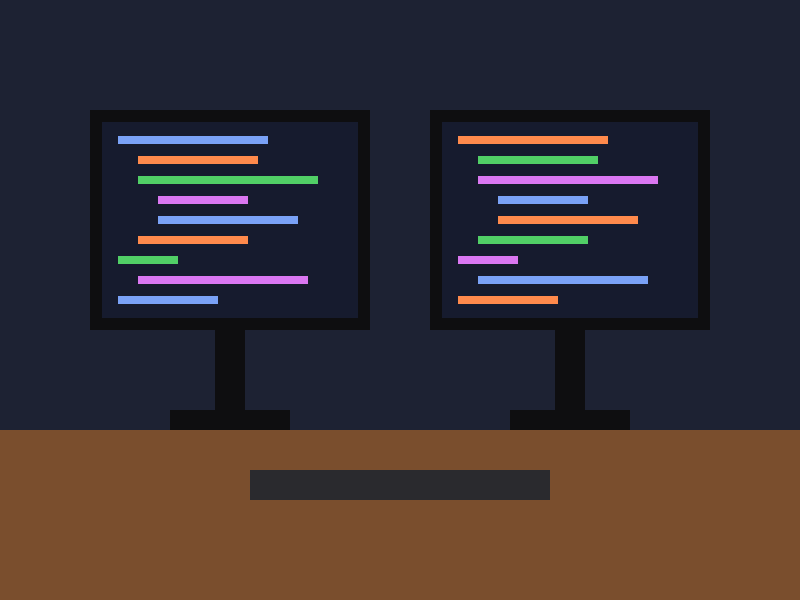 A pixel drawing of a desk with two monitors that show colored lines of code.